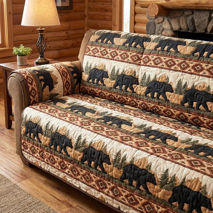 Northern Bear Quilted Sofa Cover Wildlife Rustic Furniture Protector Best Gift For Bear Lovers