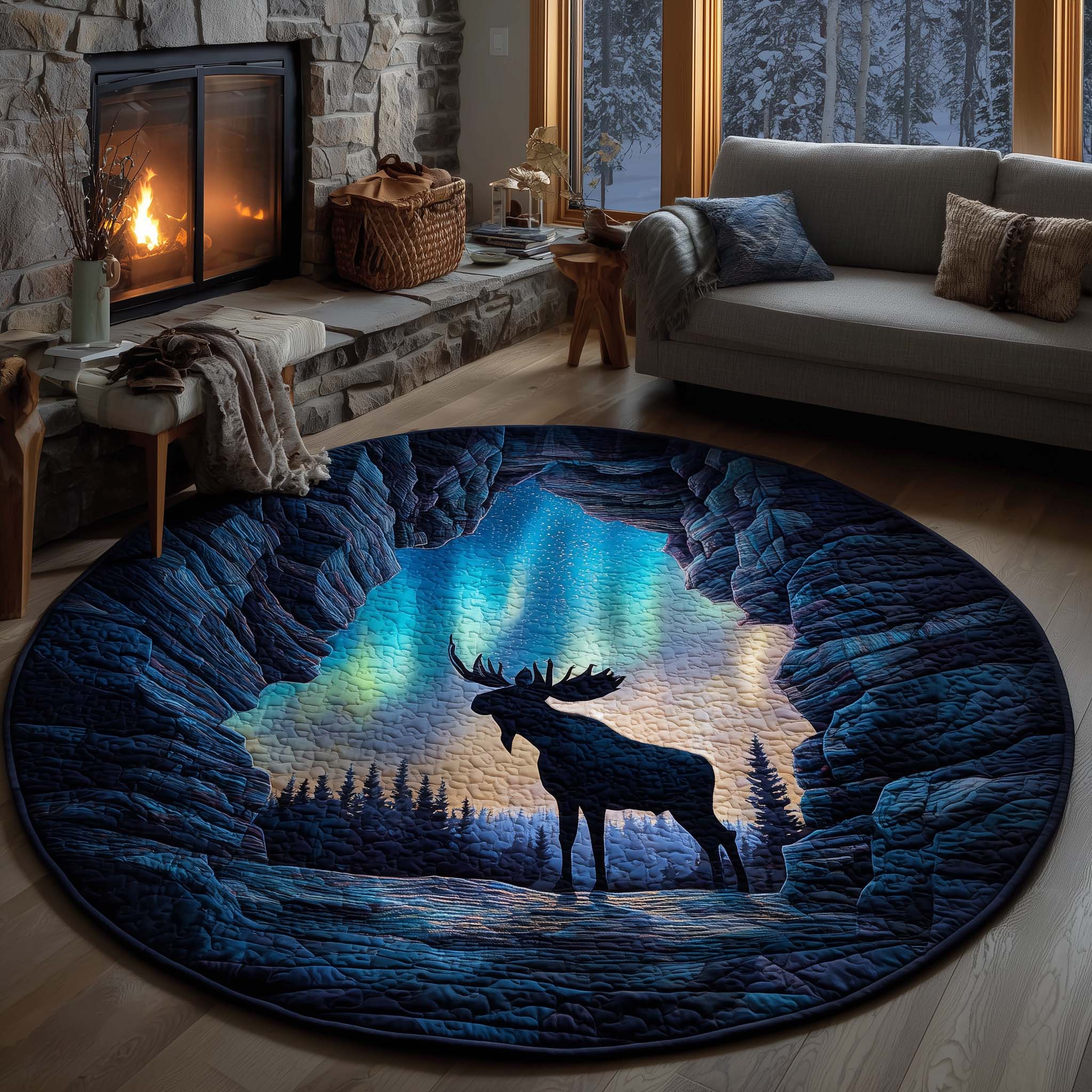 Northern Lights Moose Quilted Round Mat Decorative Quilted Round Mat for Elegant Spaces