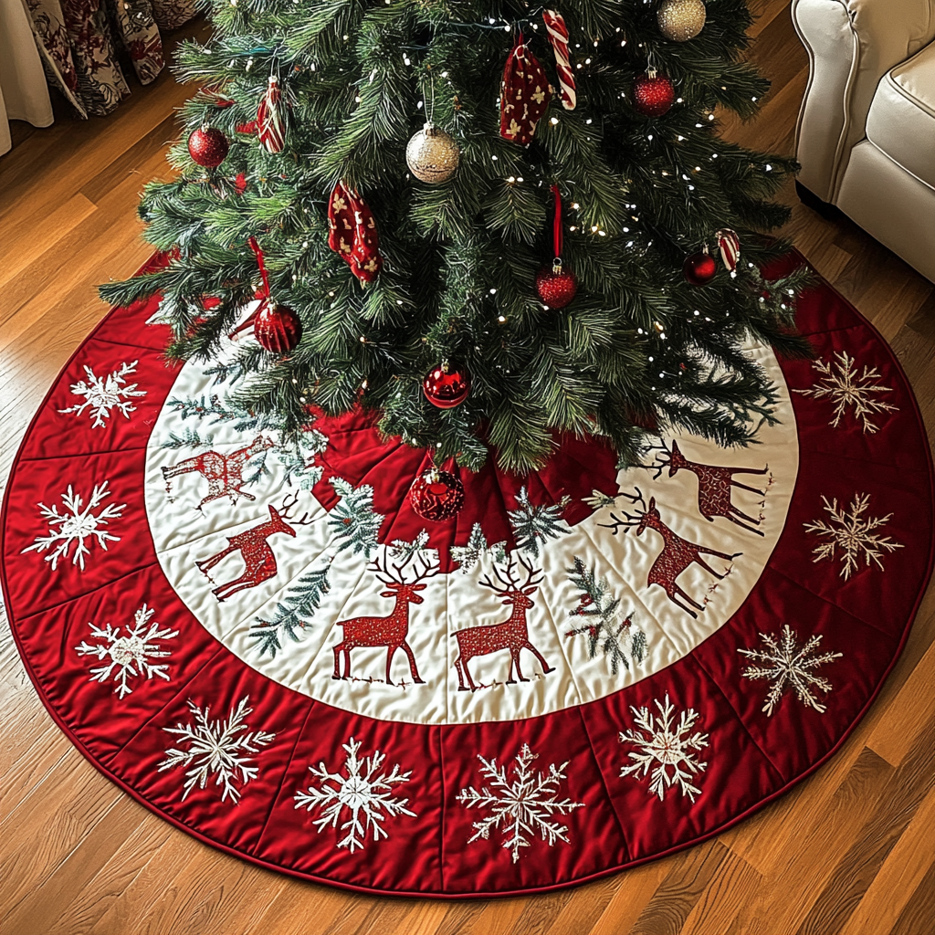 Northern Lights Reindeer Christmas Quilted Tree Skirt Lovely Gift Merch for a Festive Home