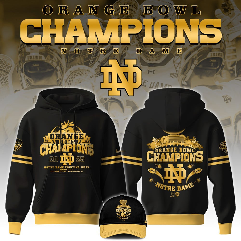 Notre Dame Fighting Irish Orange Bowl Champions 2025 Hoodie And Hat Football Fan Gear