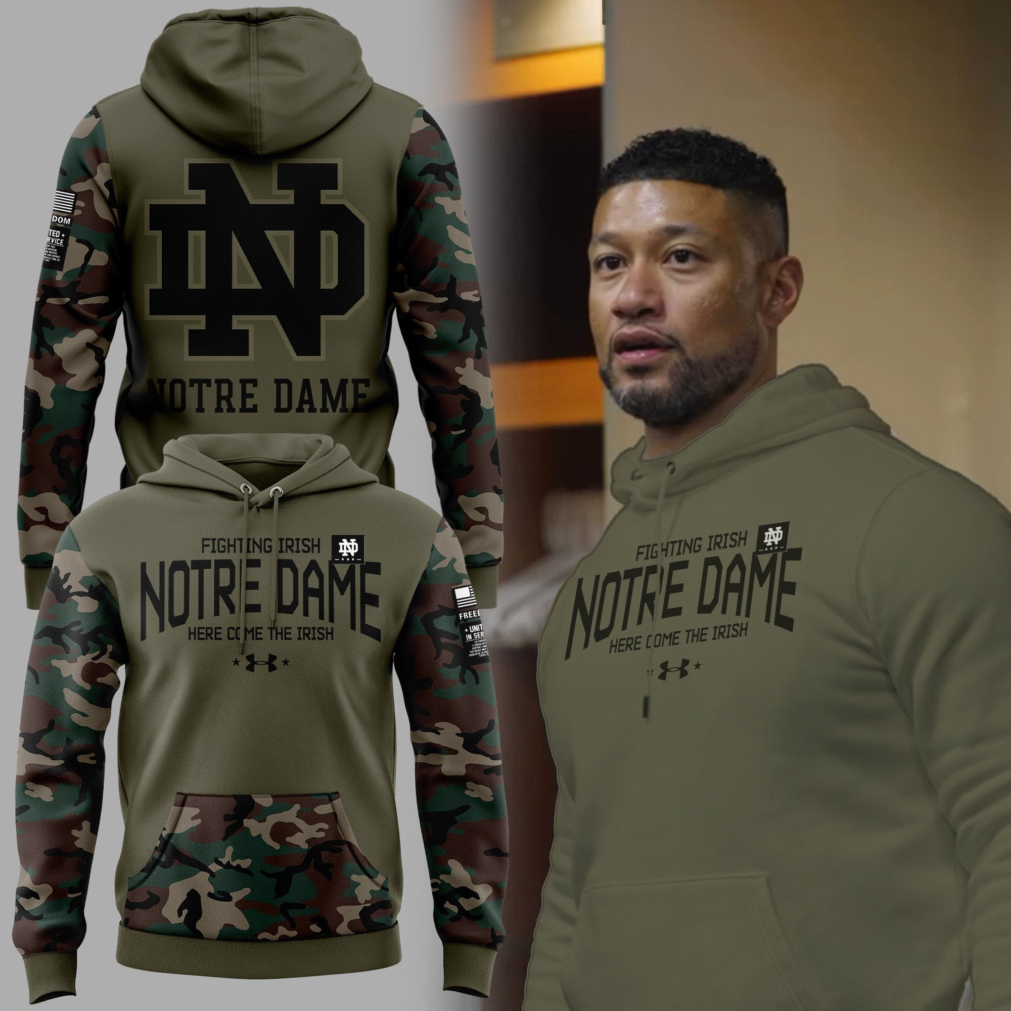Notre Dame Football Merch Camo Hoodie Men's Notre Dame Football Thyme Freedom 2025