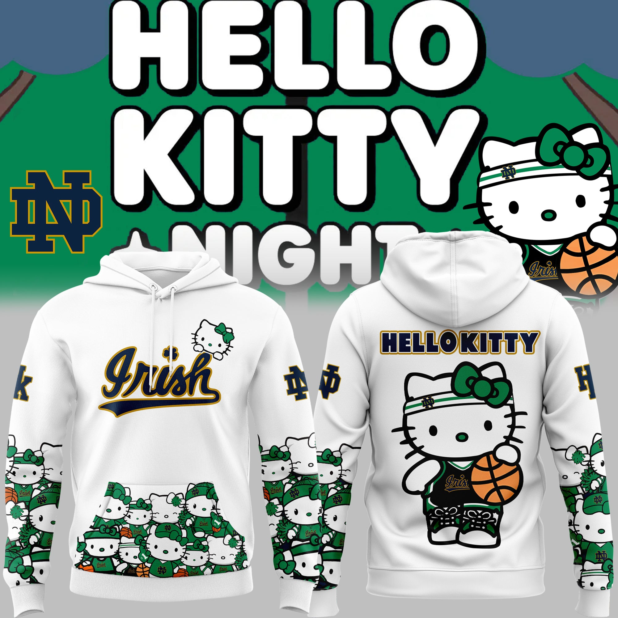 Notre Dame Irish Women's Basketball x Hello Kitty Hoodie Apparel Cute Fan Gifts For Her