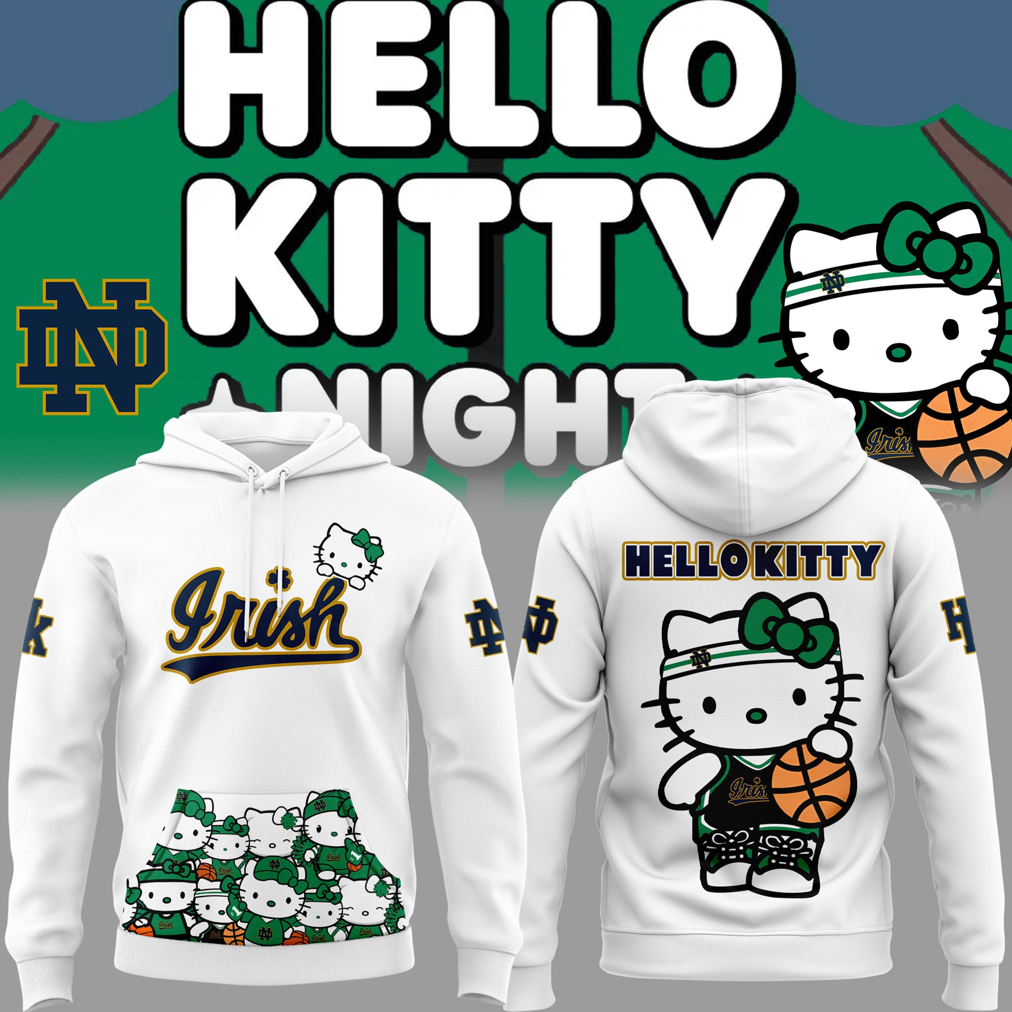 Notre Dame Irish Women's Basketball x Hello Kitty Hoodie Fan Merch Gifts For Her