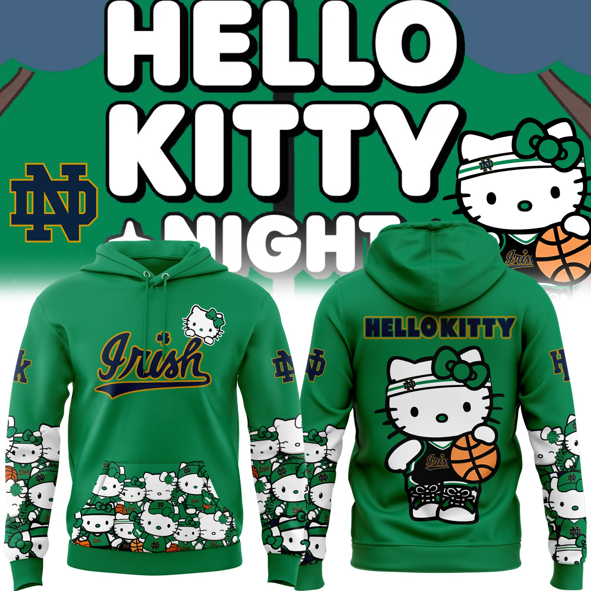Notre Dame Irish Women's Basketball x Hello Kitty Hoodie Green Clothing Cute Fan Gift Ideas