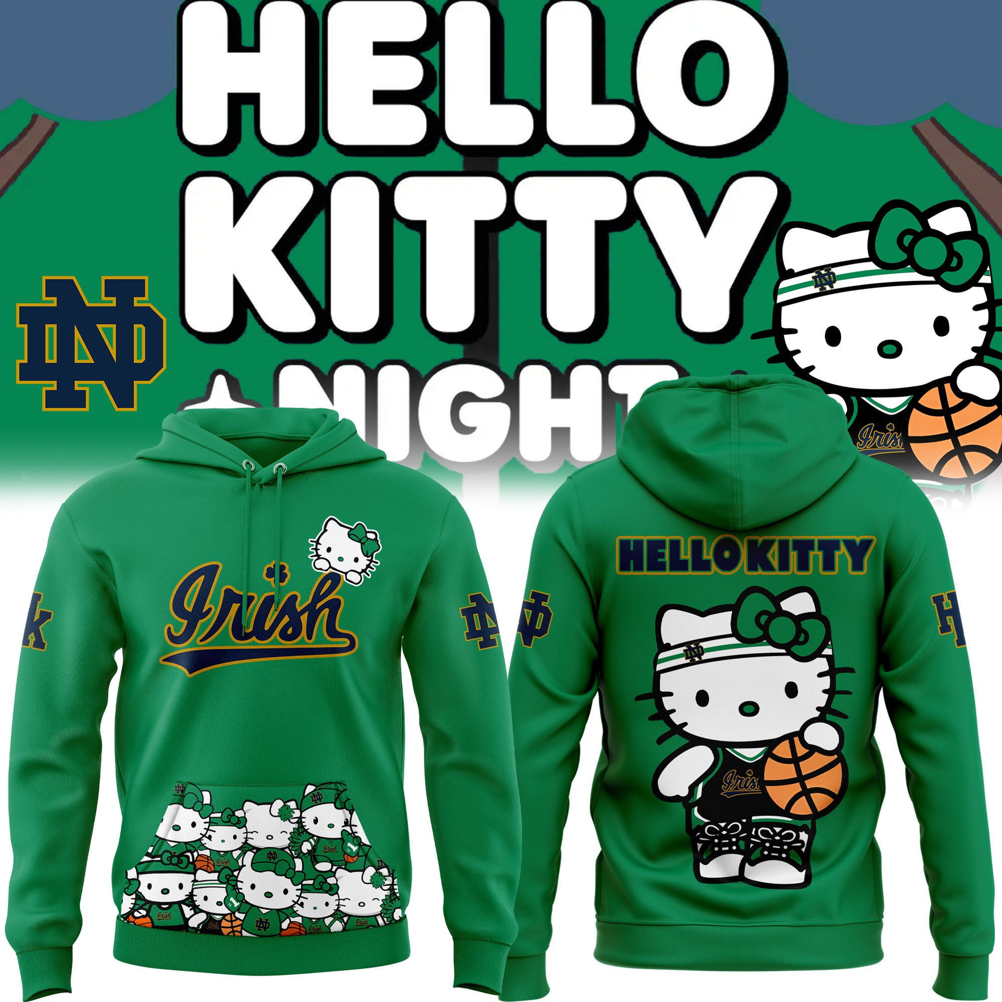 Notre Dame Irish Women's Basketball x Hello Kitty Hoodie Green Fan Merch Cute Gifts