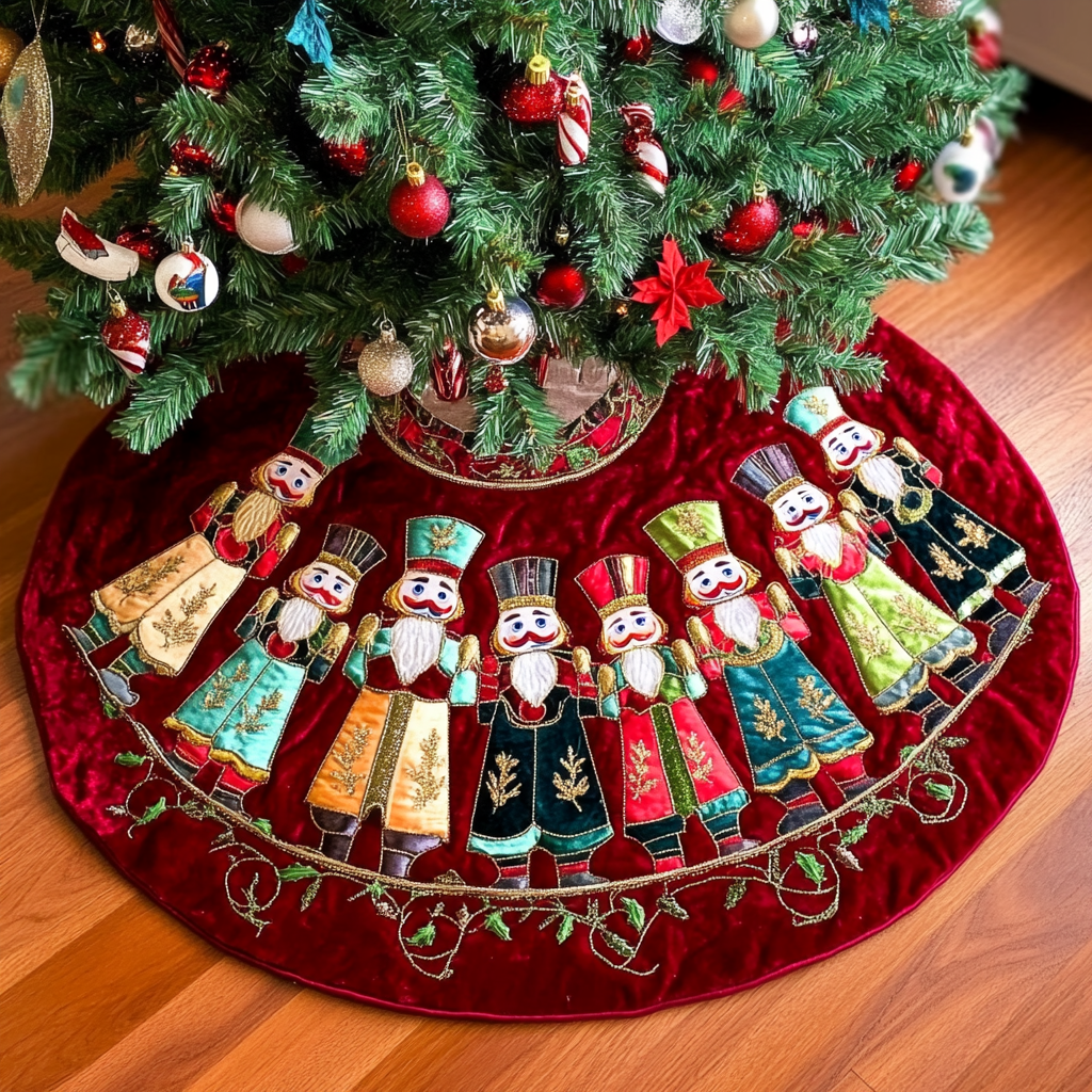Nutcracker Holiday Harmony Quilted Christmas Tree Skirt Xmas Home Decor Gnome Presents