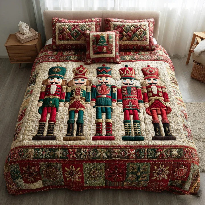 Nutcracker Parade 3-Piece Quilted Bedding Set Christmas Holiday Bedspread Best Xmas Decor Gift