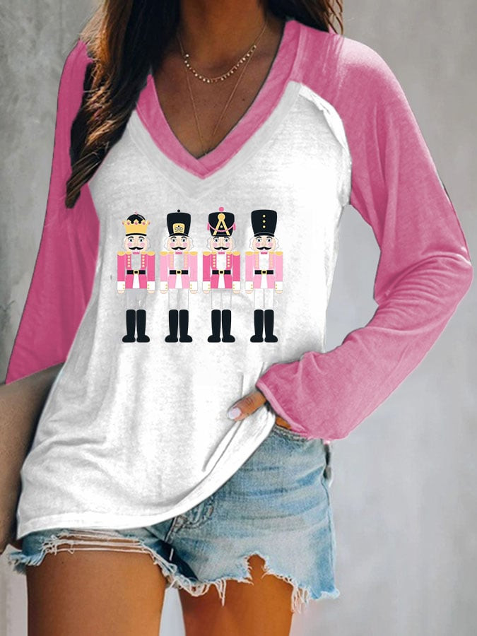 Nutcrackers Graphic V-Neck Long Sleeve Shirt Christmas Apparel Best Xmas Gifts For Her