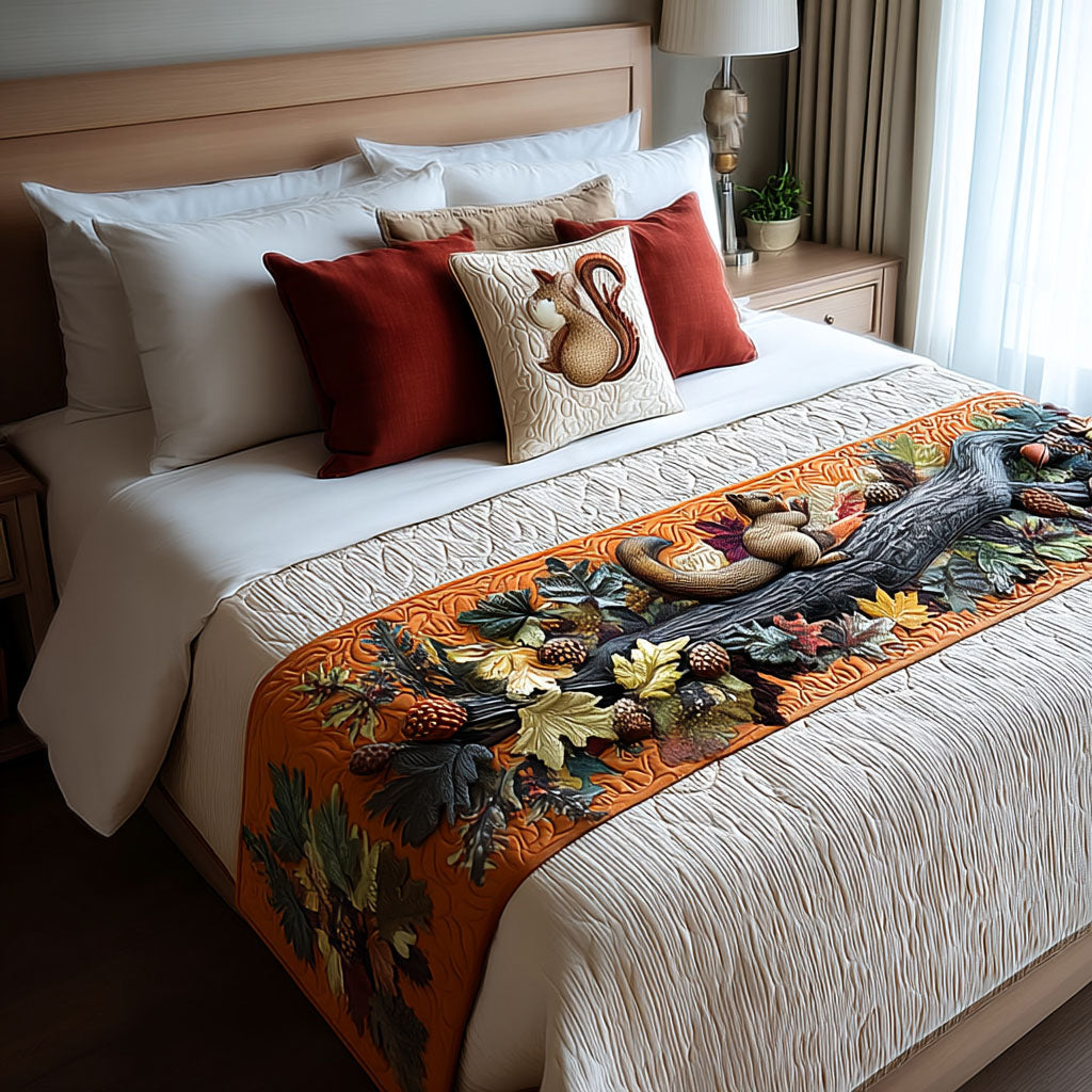 Nutty Autumn Fun Quilted Bed Runner Autumn Bedroom Decor Gifts For Family