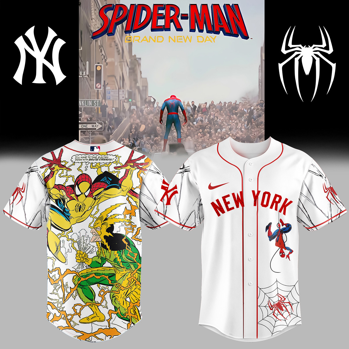NY Yankees x Spider Man Baseball Jersey 2026 MLB Playoff Clothes Baseball Gear For Brother