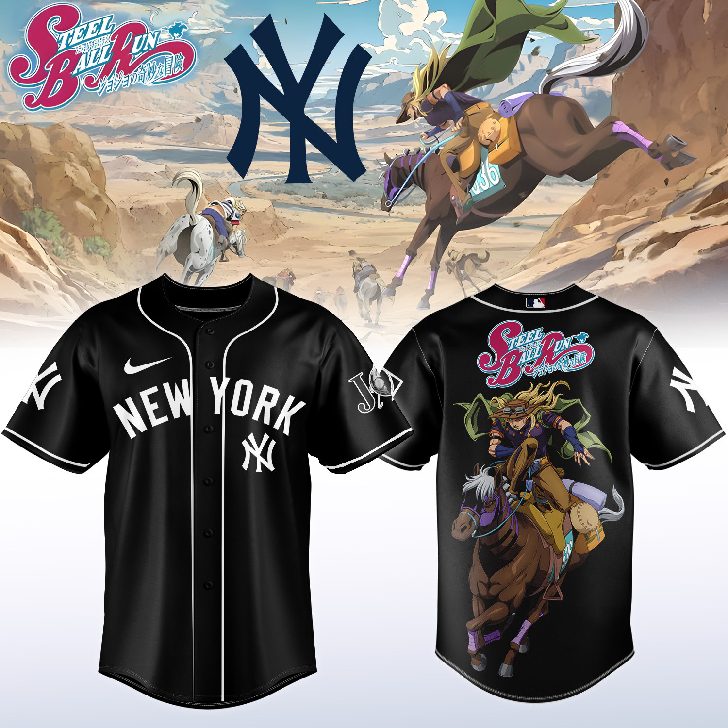 NY Yankees x Steel Ball Run Baseball Jersey Gyro Zeppeli Horseback Graphic Tee Fan Gear