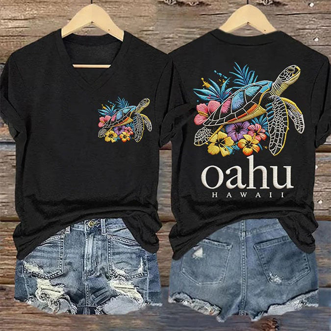 Oahu Hawaii Turtle Floral V-Neck Shirt Galathreads Clothing Line Present For Mother