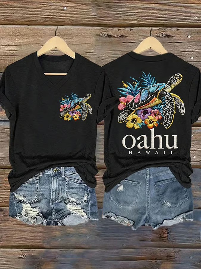 Oahu Sea Turtle V-Neck Shirt Hawaii Tropical Coastal Apparel Gift For Beach Lovers