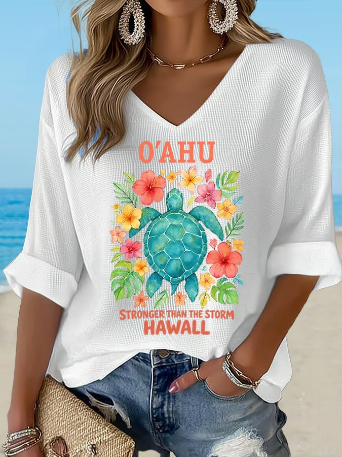 Oahu Turtle V-Neck Long Sleeve Shirt Hawaii Strong Floral Island Apparel Gift For Beach Lovers