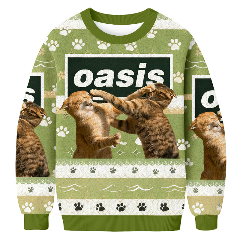 Oasis Cats Fighting Christmas Ugly Sweater Christmas Apparel Xmas Gifts For Oasis Lover