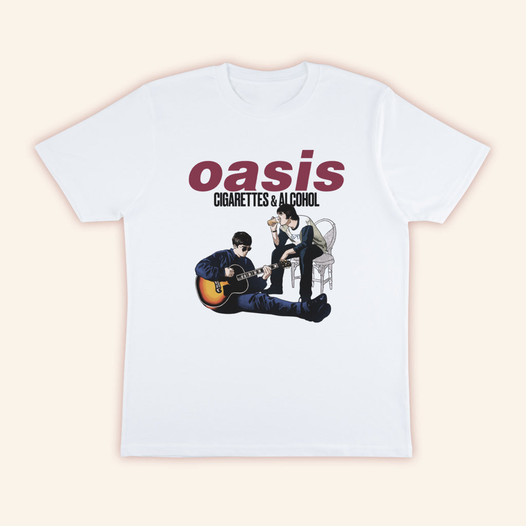 Oasis Merch 2025 Cigarettes and Alcohol Illustration T-Shirt Gifts For Friends Oasis Merch 2025 Cigarettes and Alcohol Illustration T-Shirt Gifts For Friends