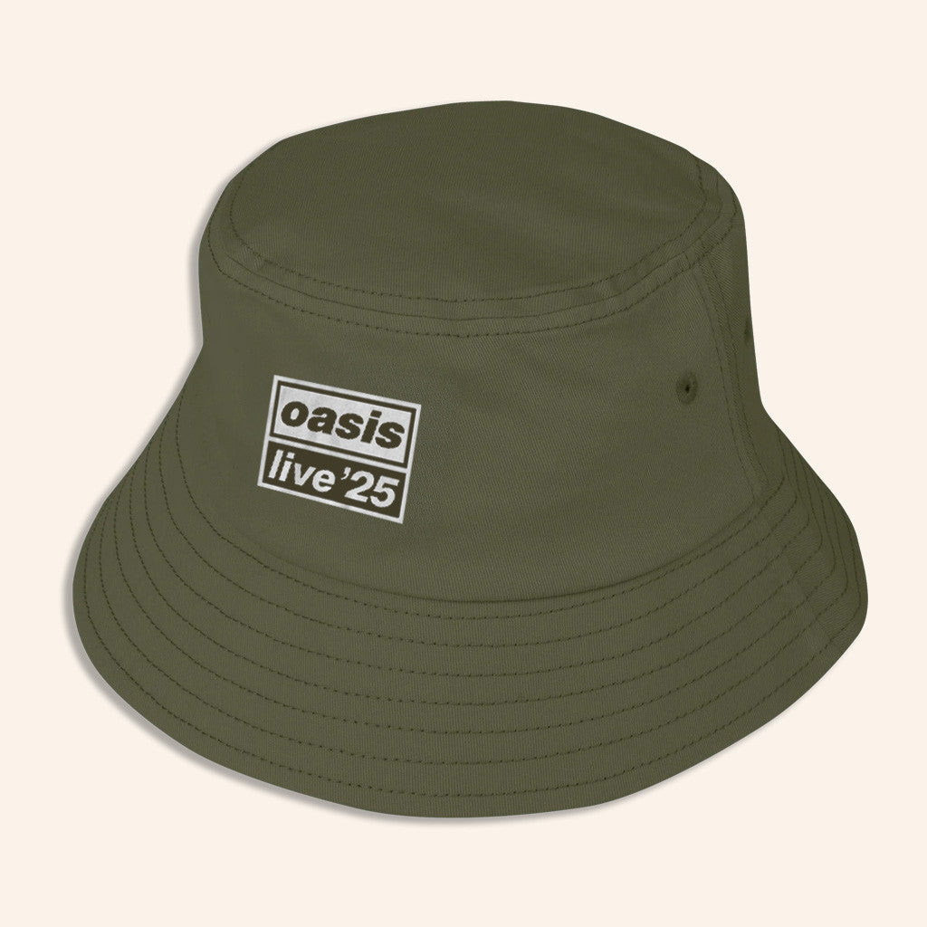 Oasis Merch 2025 Live 25 Printed Logo Bucket Hat Military Green Presents For Him Oasis Merch 2025 Live 25 Printed Logo Bucket Hat Military Green Presents For Him