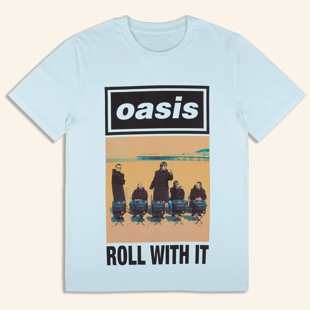 Oasis Merch 2025 Live 25 Roll With It Cover T-Shirt Light Blue Best Gifts For Wife Oasis Merch 2025 Live 25 Roll With It Cover T-Shirt Light Blue Best Gifts For Wife