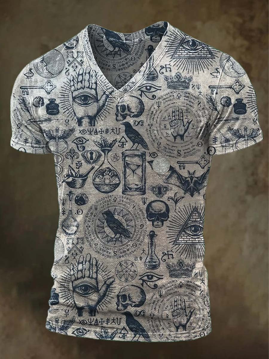 Occult Symbols V-Neck Shirt Witchcraft Magic Skulls And Crow Tee Halloween Spooky Gifts