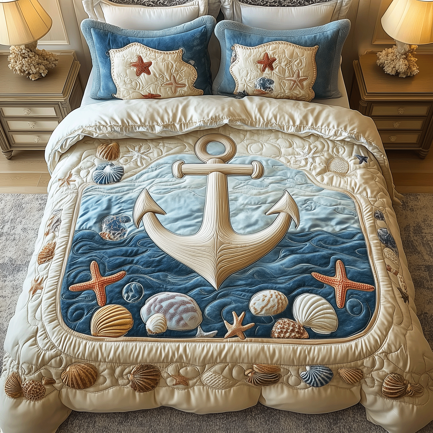 Ocean Anchor Quilted Bedding Set Lovely Bedroom Gift Idea for Housewarming