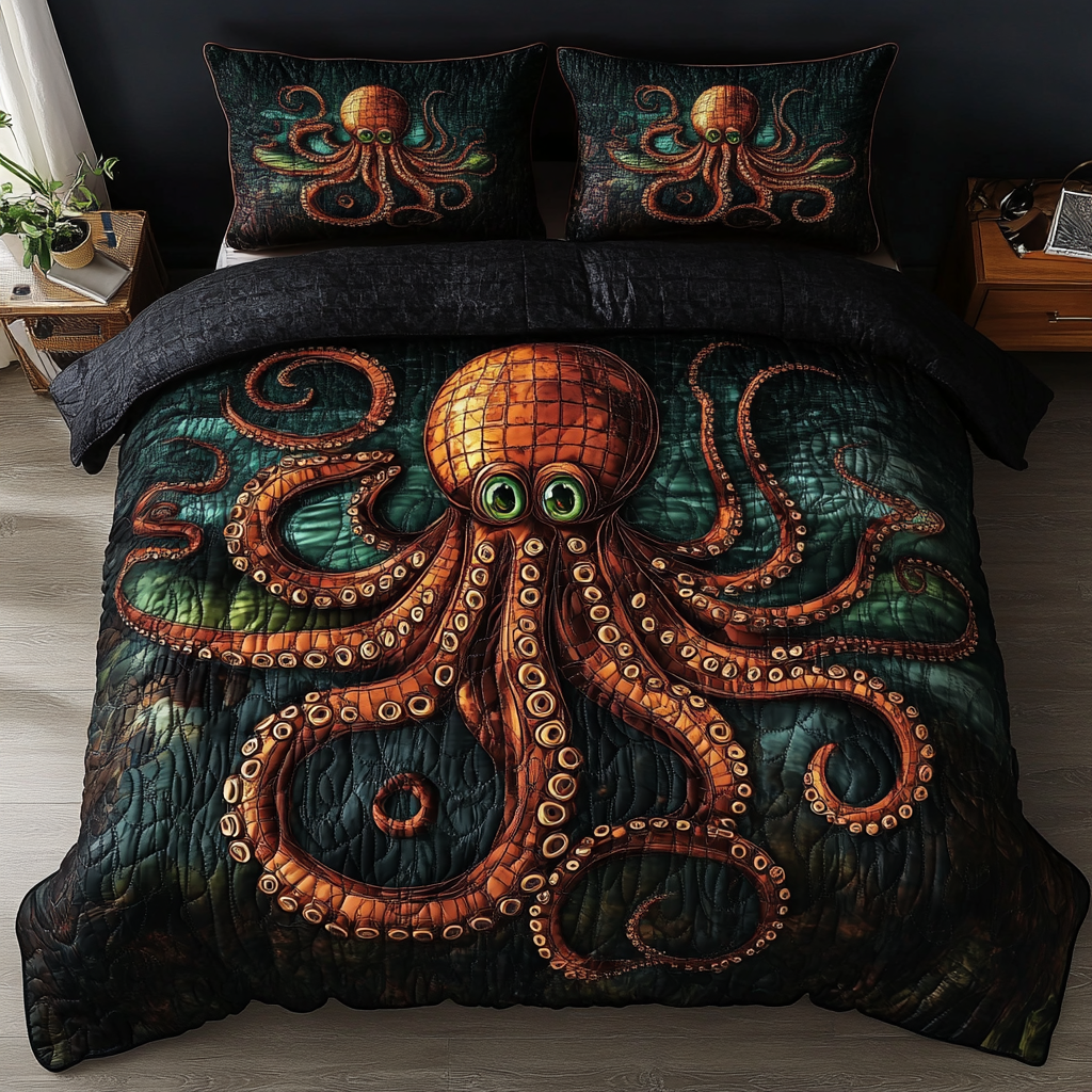 Ocean Beauty Quilted Bedding Set Aesthetic Room Decor Octopus Gifts For Men