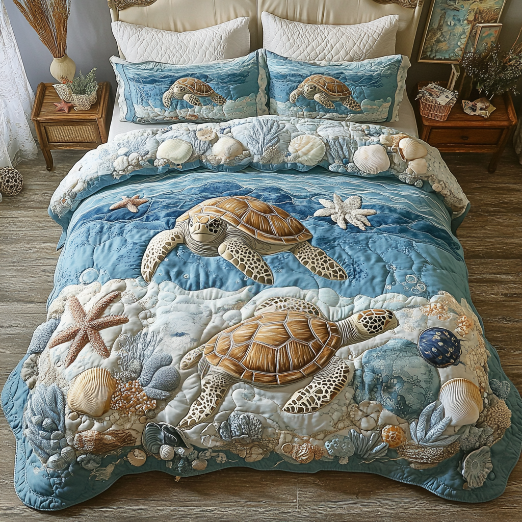 Ocean Bliss Quilted Bedding Set Beautiful Bedding Merch Gift for a Peaceful Sleep