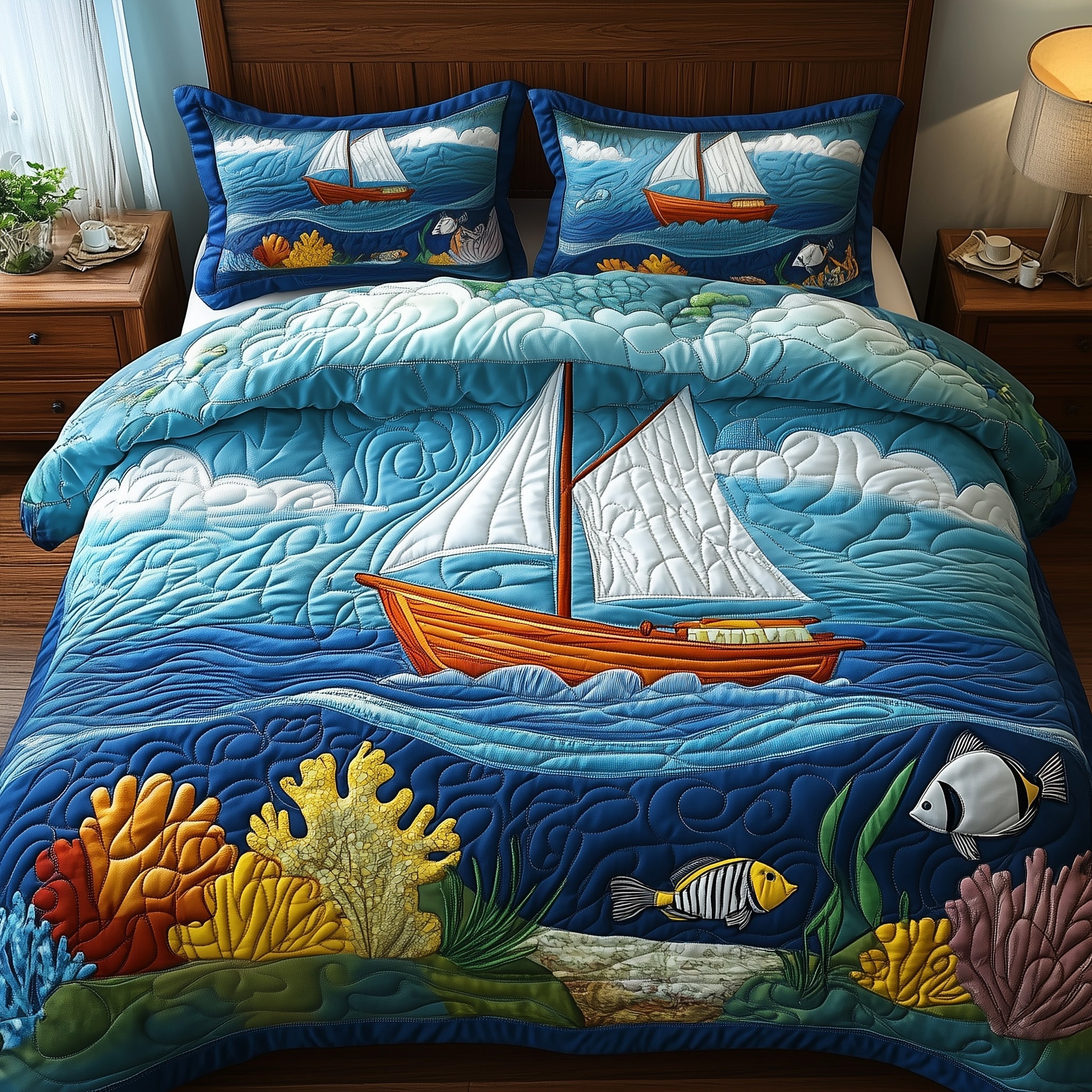 Ocean Bliss Quilted Bedding Set Duvet Cover Merchandise Best Fishing Gifts For Dad