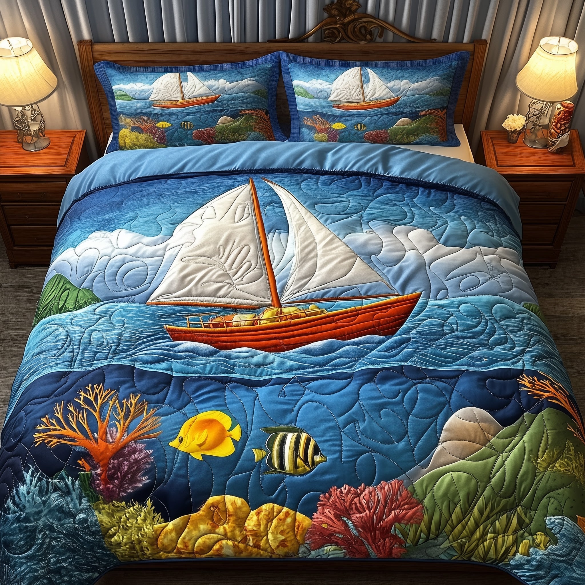 Ocean Bliss Quilted Bedding Set Duvet Cover Merchandise Cool Gifts For Fishermen