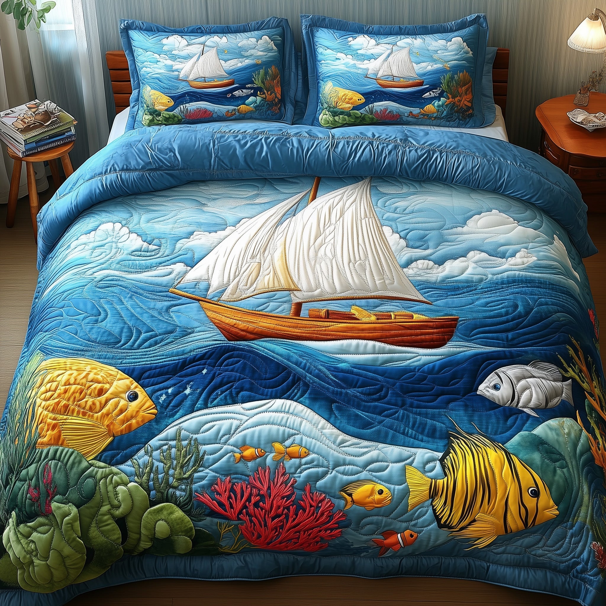 Ocean Bliss Quilted Bedding Set Duvet Cover Merchandise Fishing Related Gifts