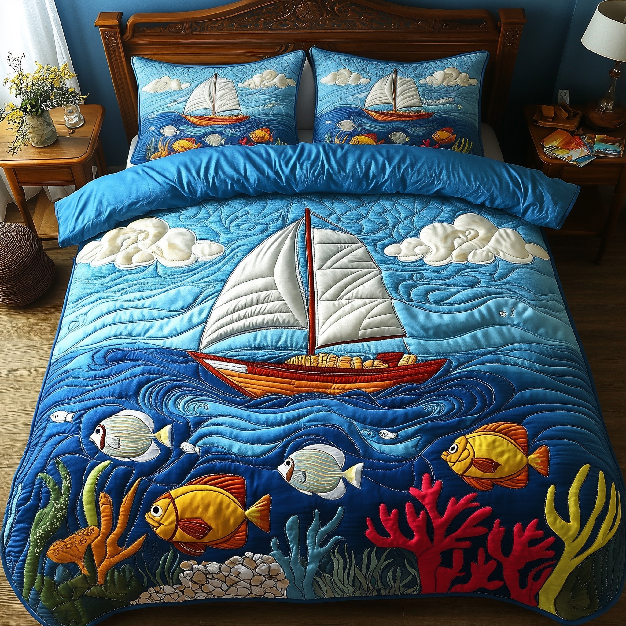 Ocean Bliss Quilted Bedding Set Duvet Cover Merchandise Gift Ideas For Fishing Lovers