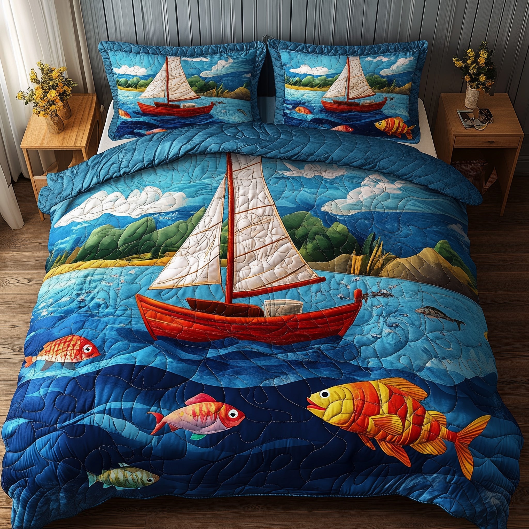 Ocean Bliss Quilted Bedding Set Duvet Cover Merchandise Unique Gifts For Fishermen