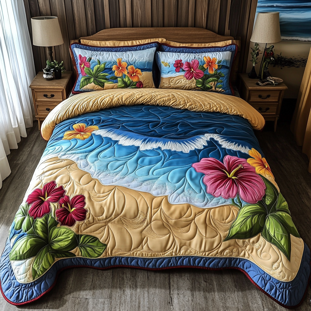 Ocean Bloom Quilted Bedding Set Bed Decor Gift Ideas For Beach Lovers