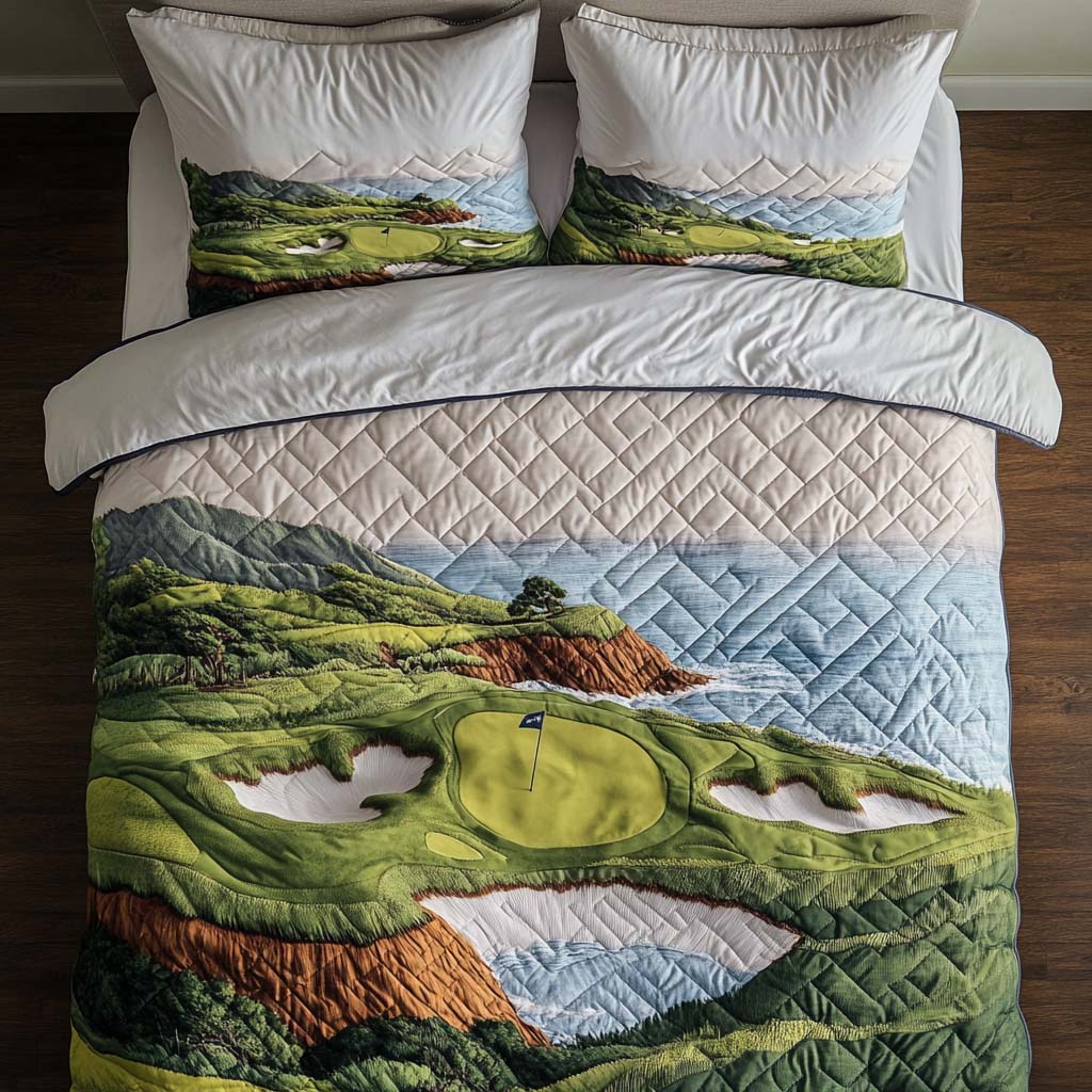 Ocean Bluff Golf Course Quilted Bedding Set Best Bed Sheet Set Good Golf Gifts