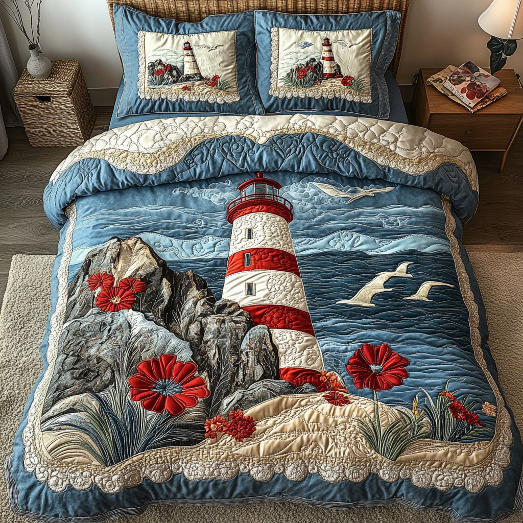 Ocean Breeze Lighthouse Quilted Bedding Set Heartwarming Bedding Gift for Loved Ones