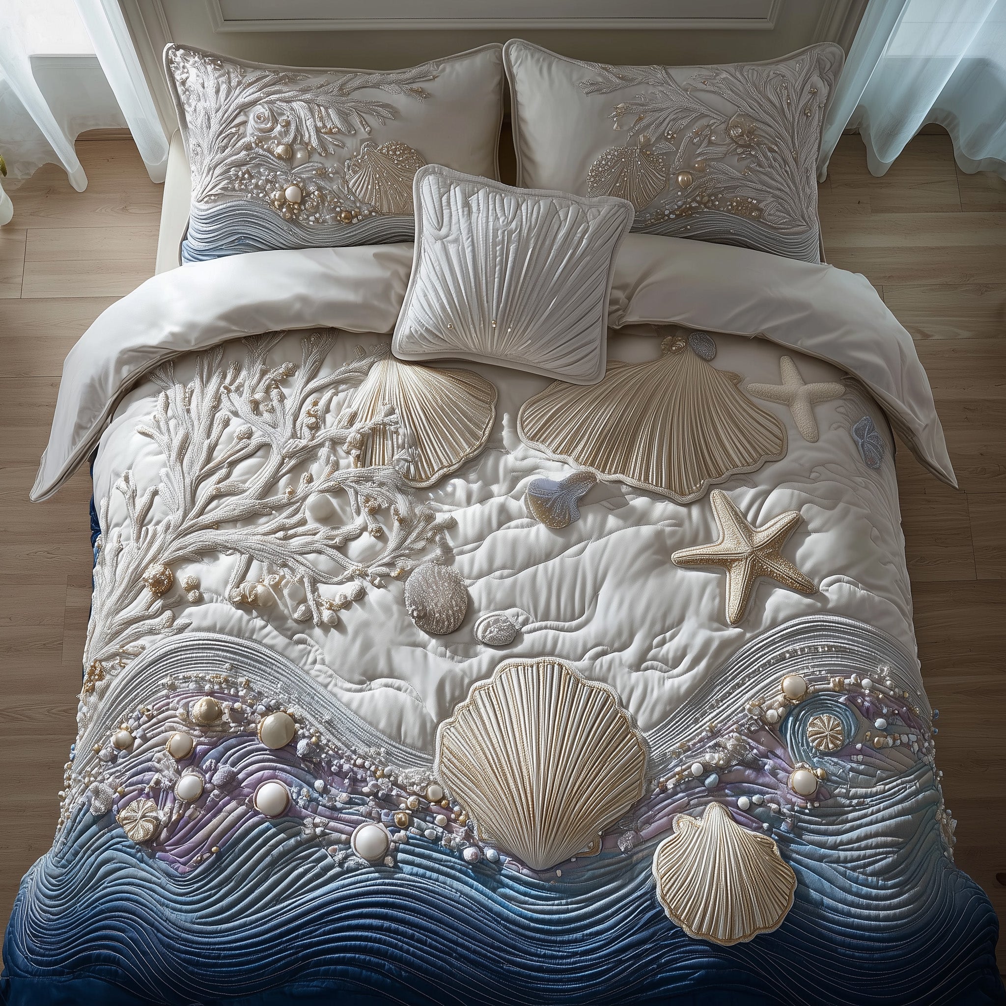 Ocean Breeze Quilted Bedding Set Coastal Beach Shell Decorations Best Bedding Gifts
