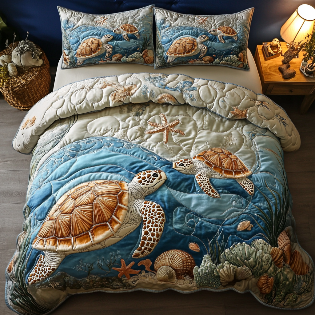 Ocean Breeze Quilted Bedding Set Cozy Bedroom Decor Sea Turtle Themed Gifts