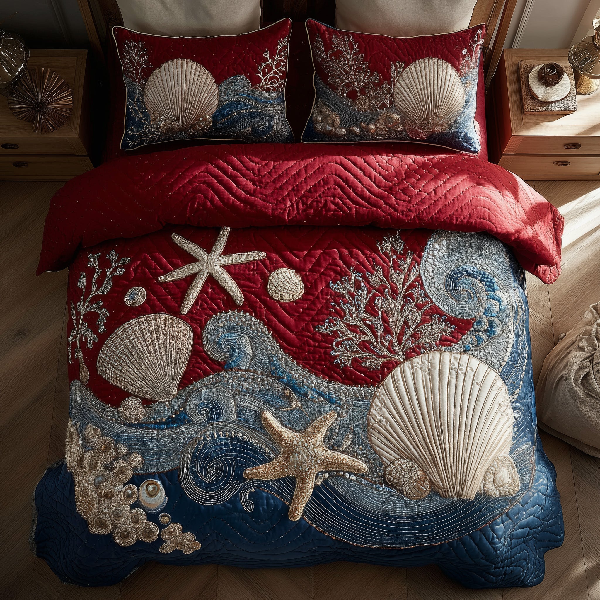 Ocean Breeze Quilted Bedding Set Marine Life Decorations Unique Seashells Bedding Gifts