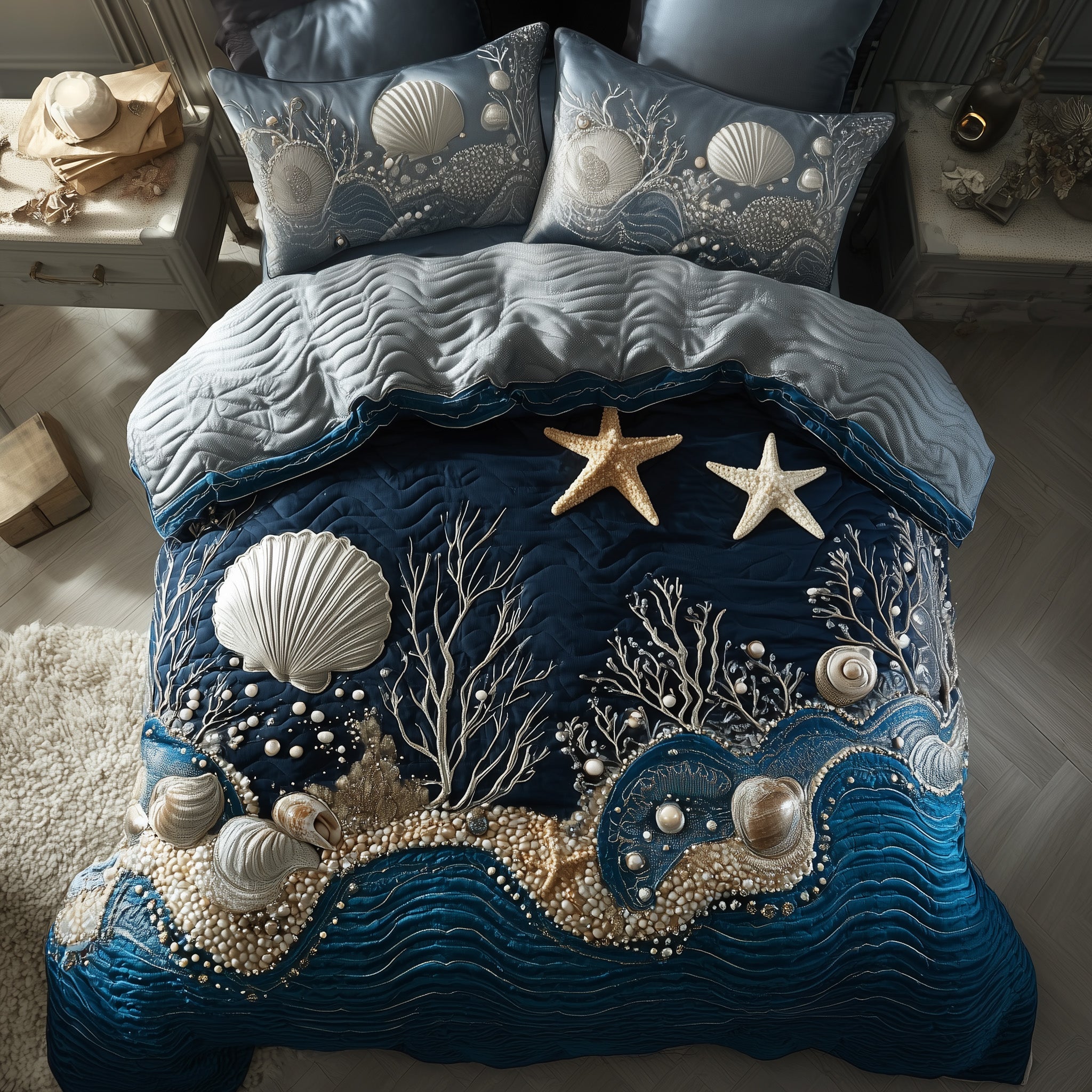 Ocean Breeze Quilted Bedding Set Seashell And Starfish Decor Unique Bedding Gift Ideas