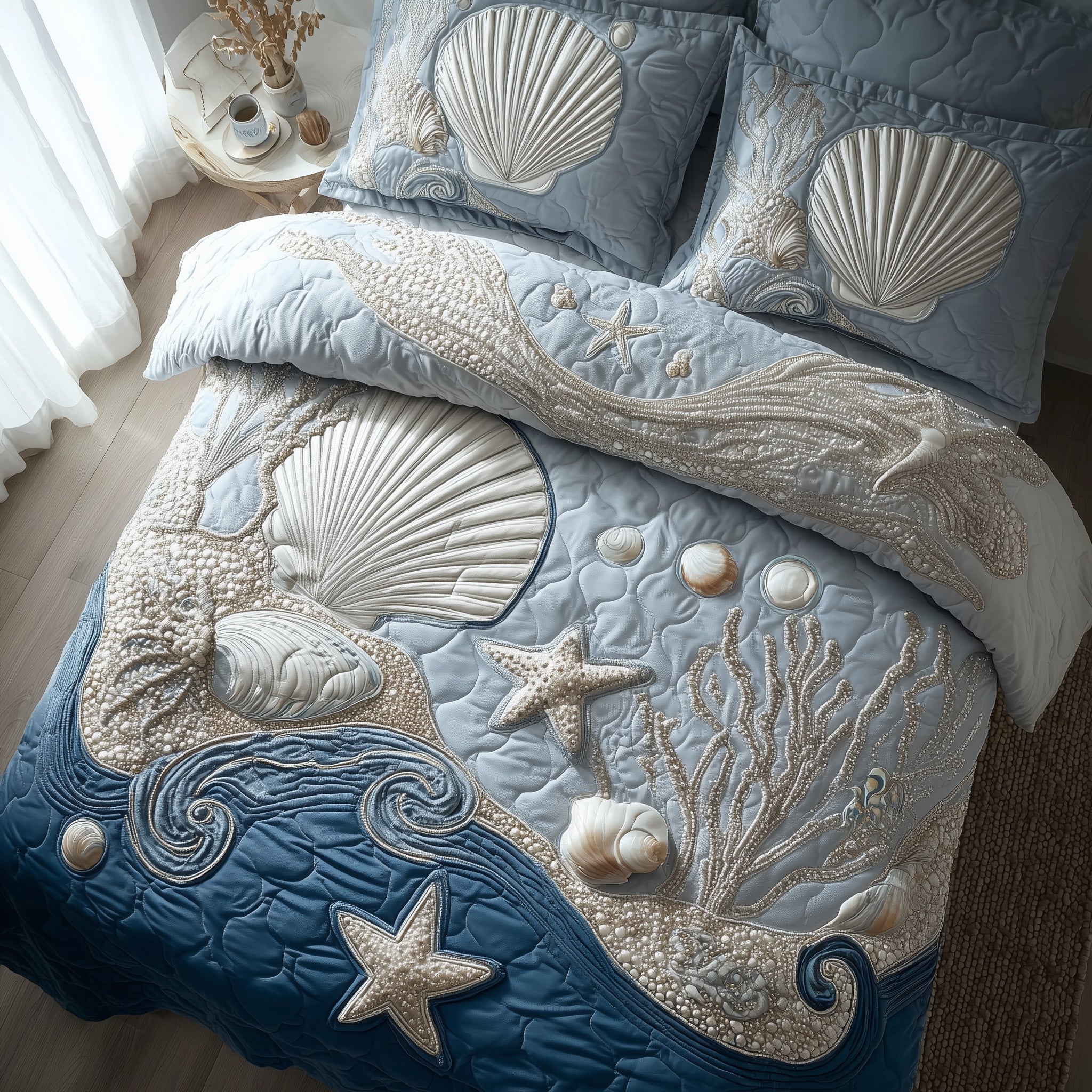 Ocean Breeze Quilted Bedding Set Shell Starfish Unique Ocean Vibes Bedroom Gift Ideas
