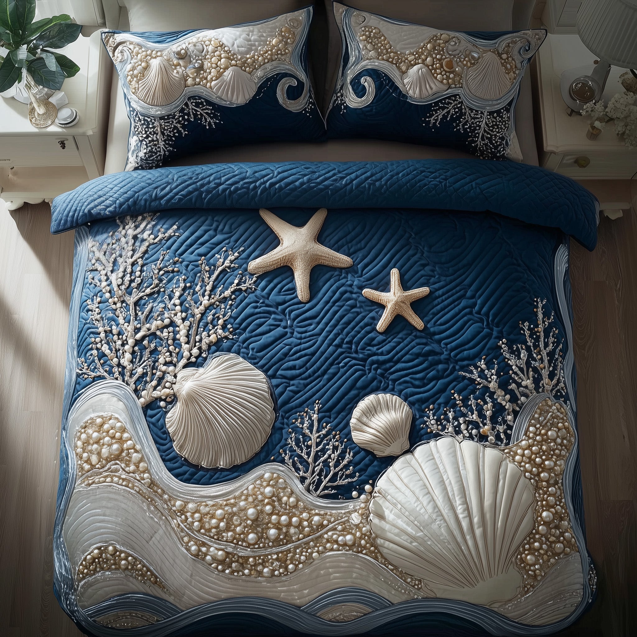 Ocean Breeze Quilted Bedding Set Shell Starfish Unique Ocean Vibes Bedroom Ideal Gifts