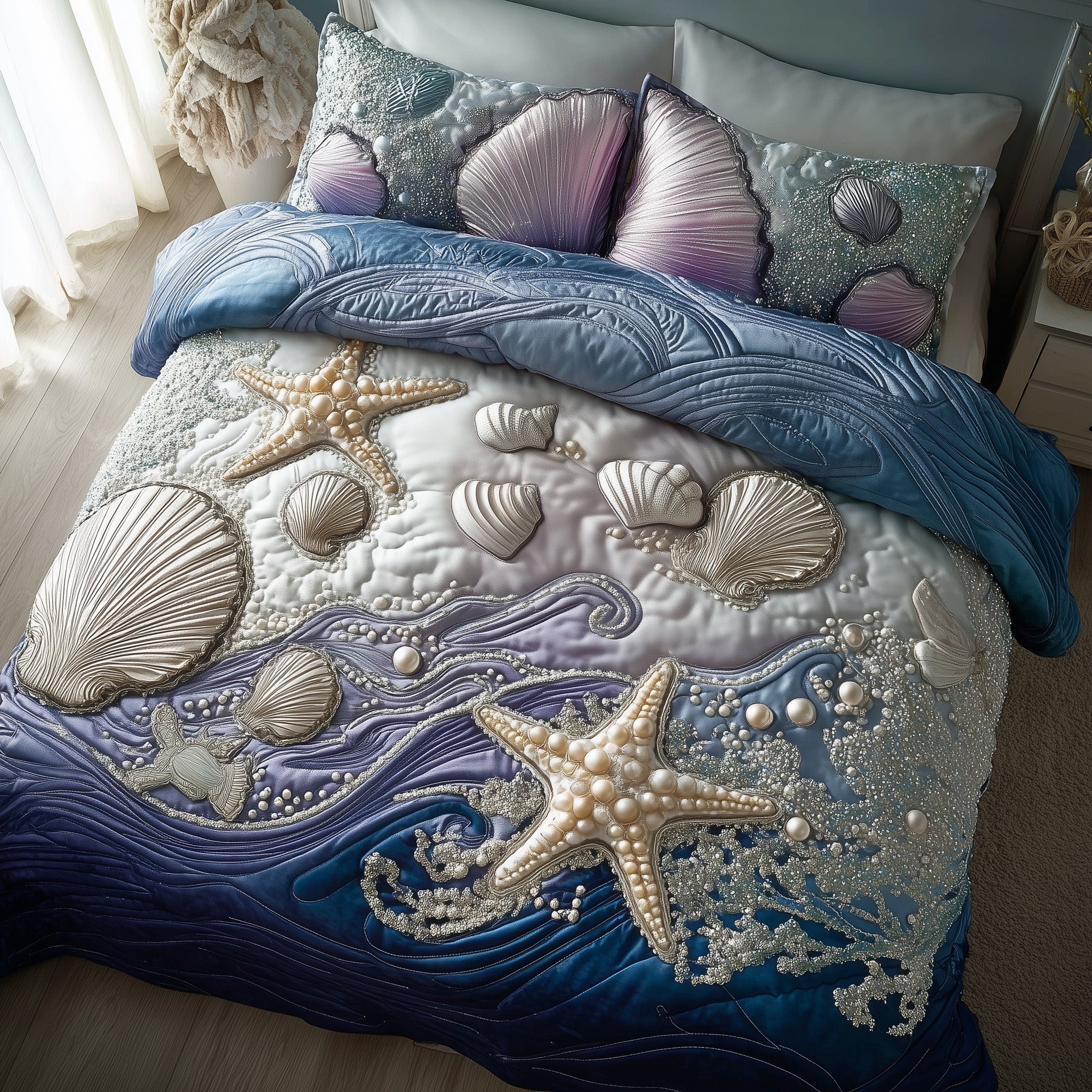 Ocean Breeze Quilted Bedding Set Starfish And Shells Best Ocean Vibes Bedroom Gift Ideas