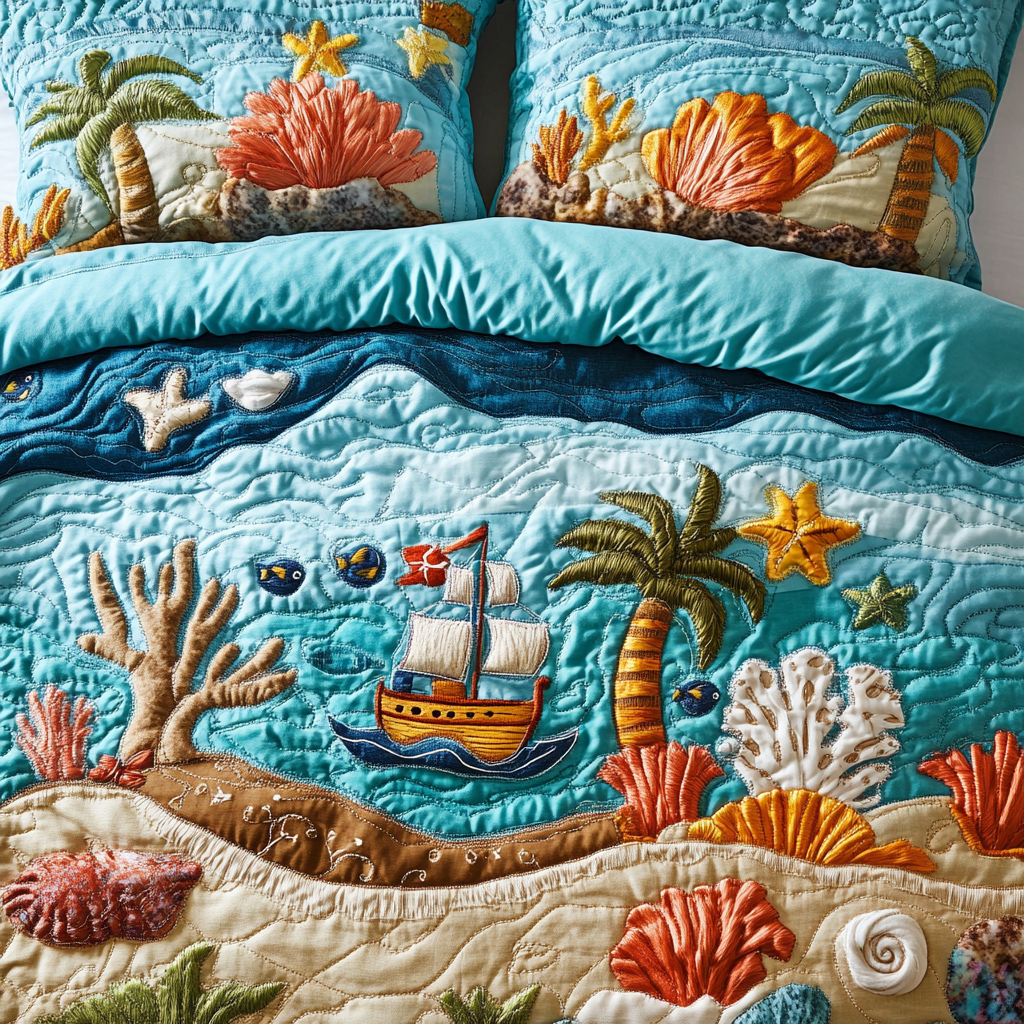 Ocean Breeze Quilted Bedding Set Starfish Bed Sheet Set Unique Gifts For Ocean Lovers