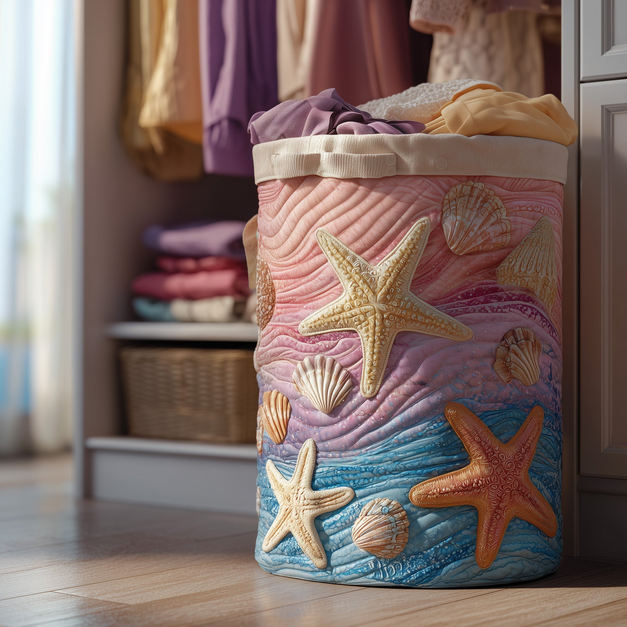 Ocean Breeze Quilted Laundry Basket Trendy Home Decor Gifts For Starfish Lovers