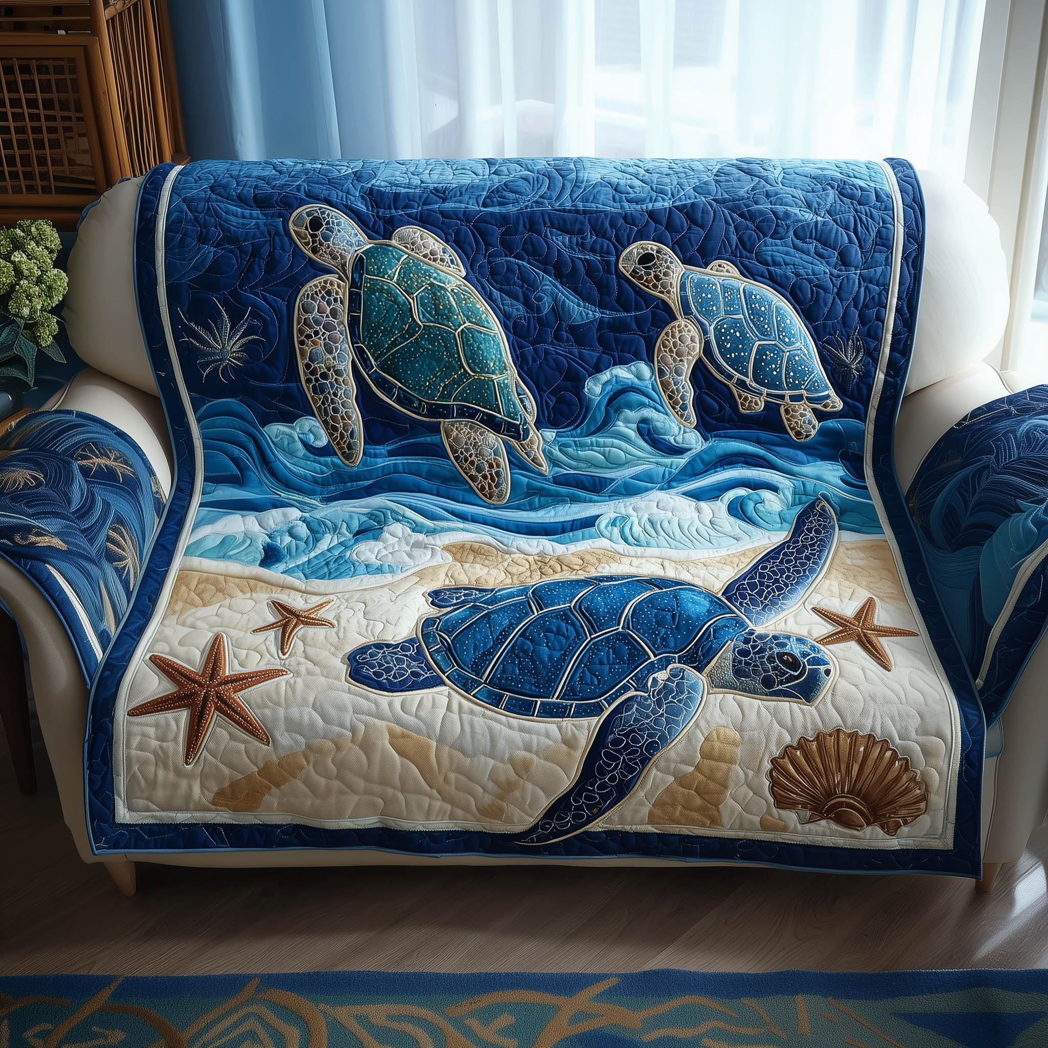 Ocean Breeze Quilted Sofa Cover Calm Sea Foam Protector Sea Turtle Gift Ideas