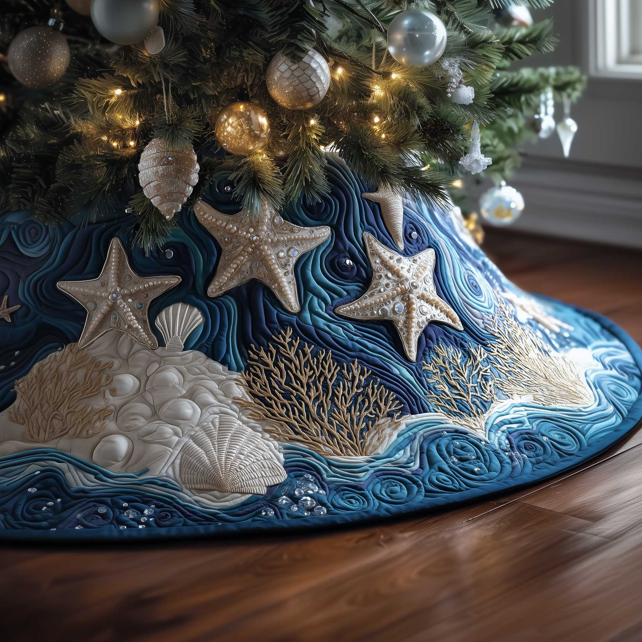 Ocean Breeze Quilted Tree Skirt Modern Interior Decor Christmas Gifts For Star Fish Lovers