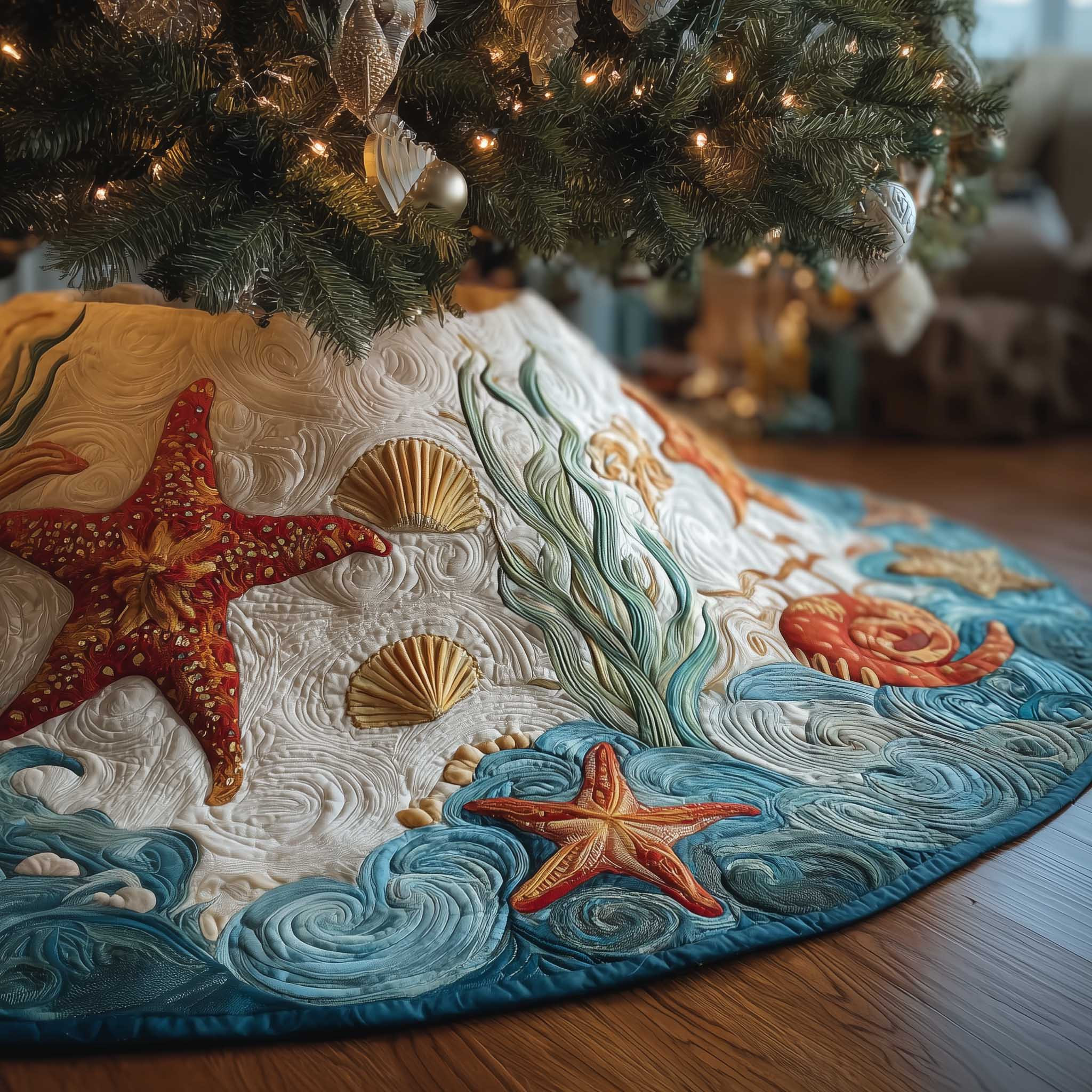 Ocean Breeze Quilted Tree Skirt Nature Home Decor Best Gifts For Star Fish Lovers