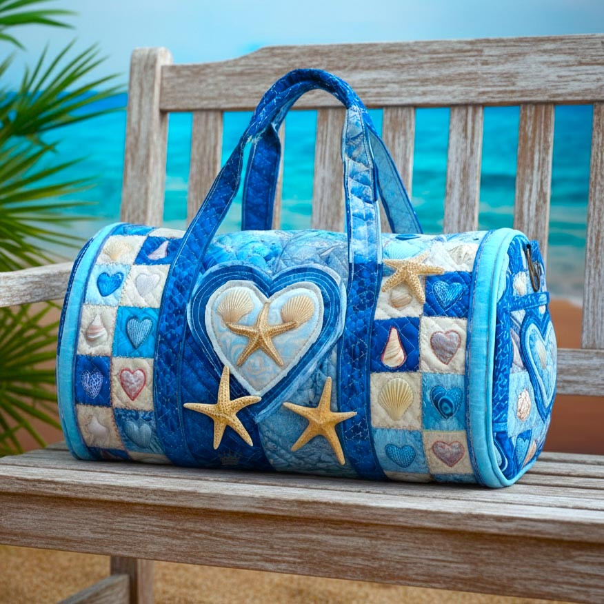 Ocean Breeze Seashell Quilted Duffle Bag Blue Starfish Heart Beach Bag Best Gift For Beach Lovers