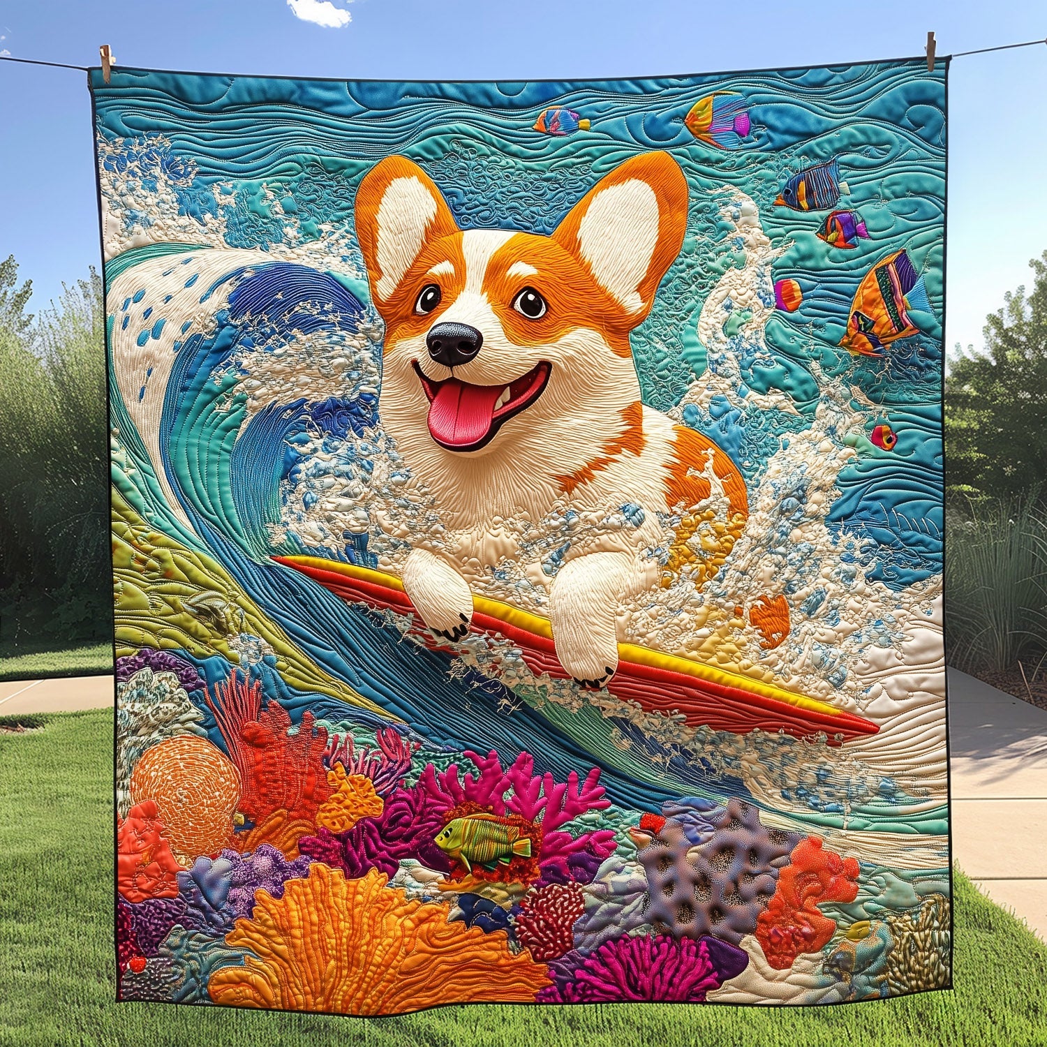 Ocean Corgi Ride Quilted Blanket Best Christmas Gifts For Dog Lovers