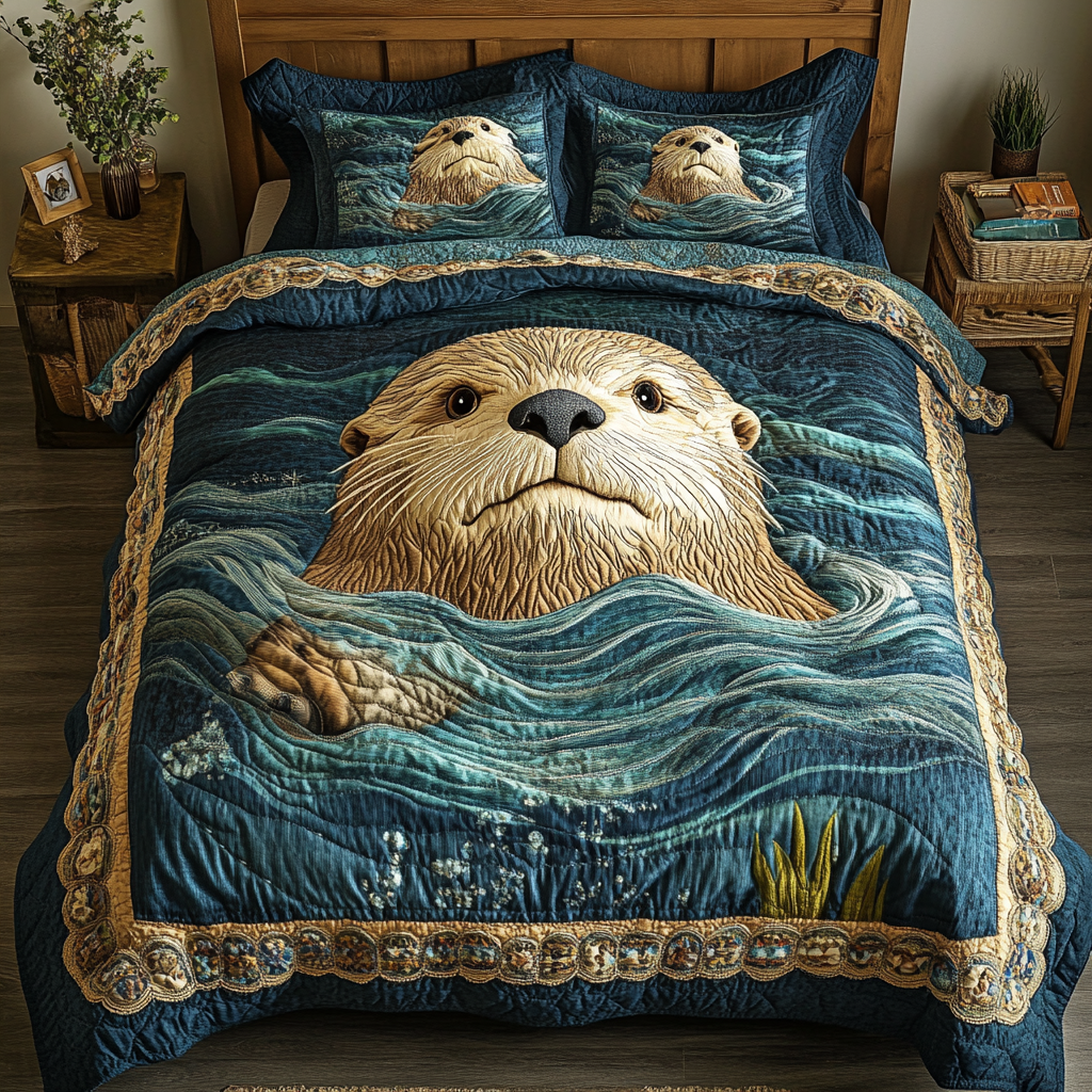 Ocean Cuddles Quilted Bedding Set Bedroom Decorations Otter Christmas Gifts