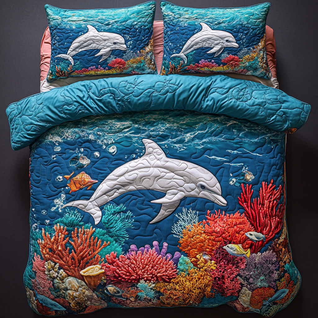 Ocean Dance Quilted Bedding Set Cool Bedroom Decor Dolphin Themed Gifts